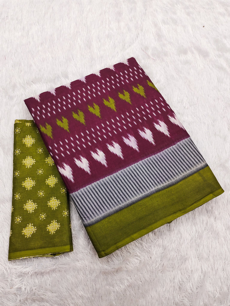 MADHUBALA PURE MULMUL COTTON IKKAT HAND BLOCK PRINT MAROON SAREE
