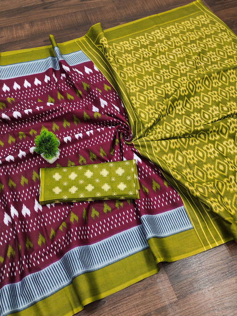 MADHUBALA PURE MULMUL COTTON IKKAT HAND BLOCK PRINT MAROON SAREE
