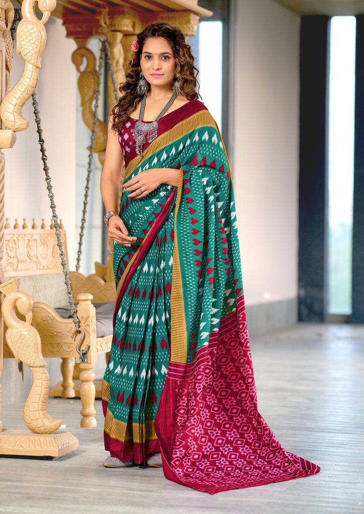 MADHUBALA PURE MULMUL COTTON IKKAT HAND BLOCK PRINT TEAL BLUE SAREE