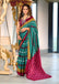 MADHUBALA PURE MULMUL COTTON IKKAT HAND BLOCK PRINT TEAL BLUE SAREE