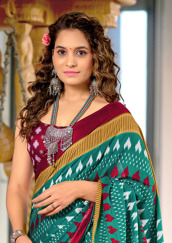 MADHUBALA PURE MULMUL COTTON IKKAT HAND BLOCK PRINT TEAL BLUE SAREE