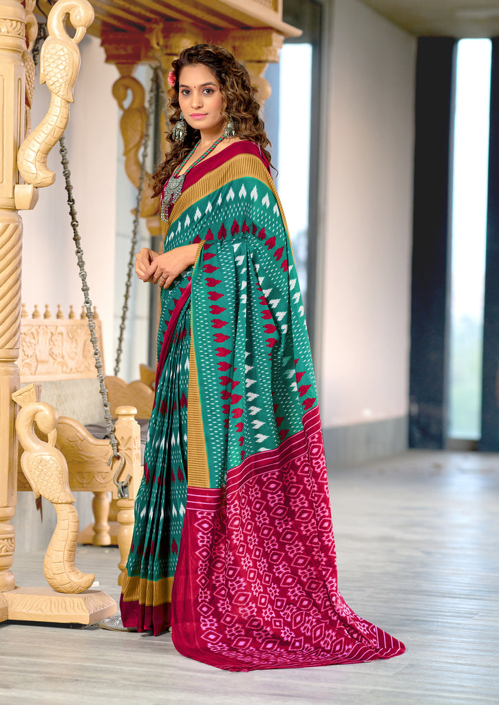 MADHUBALA PURE MULMUL COTTON IKKAT HAND BLOCK PRINT TEAL BLUE SAREE