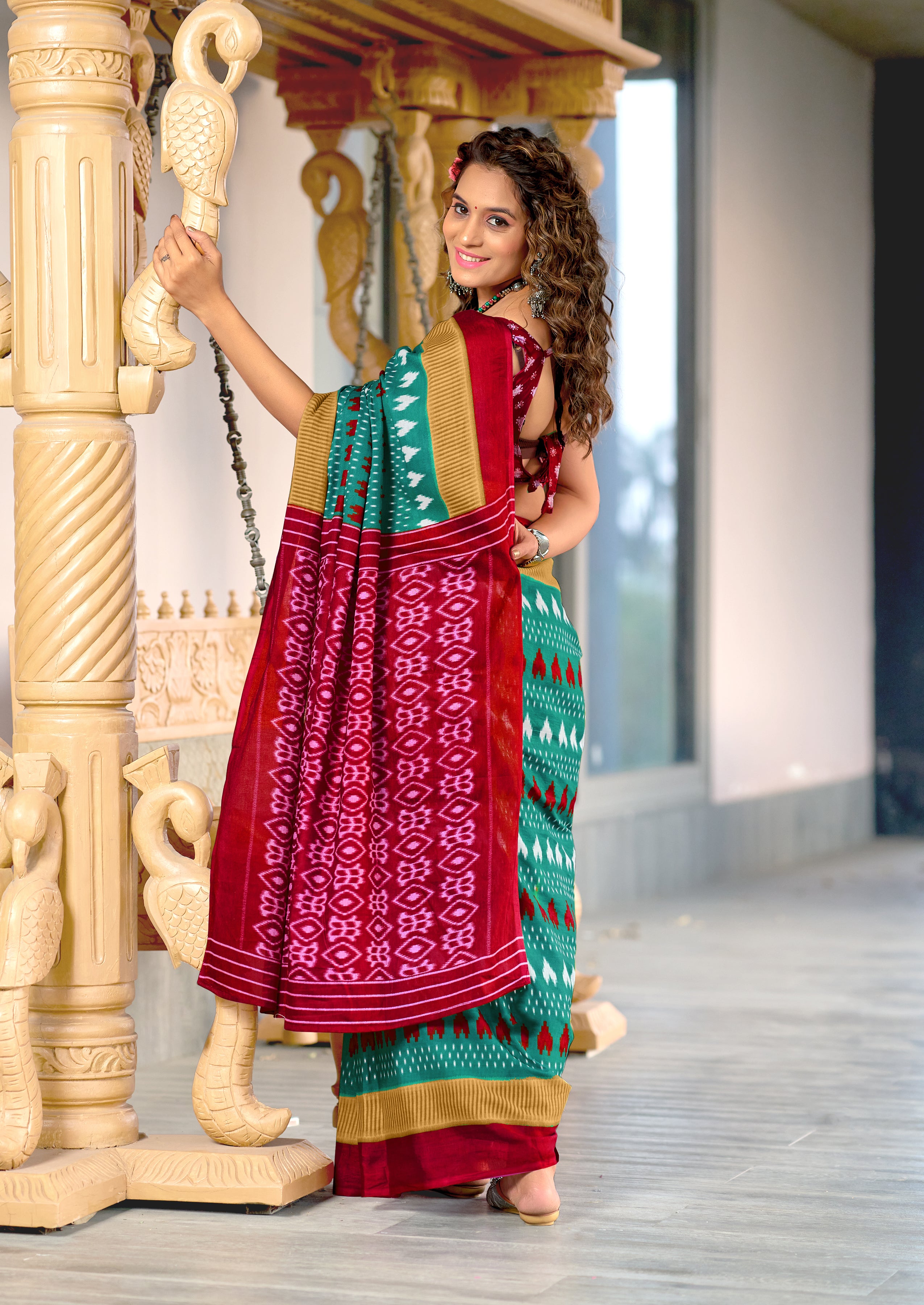 MADHUBALA PURE MULMUL COTTON IKKAT HAND BLOCK PRINT TEAL BLUE SAREE