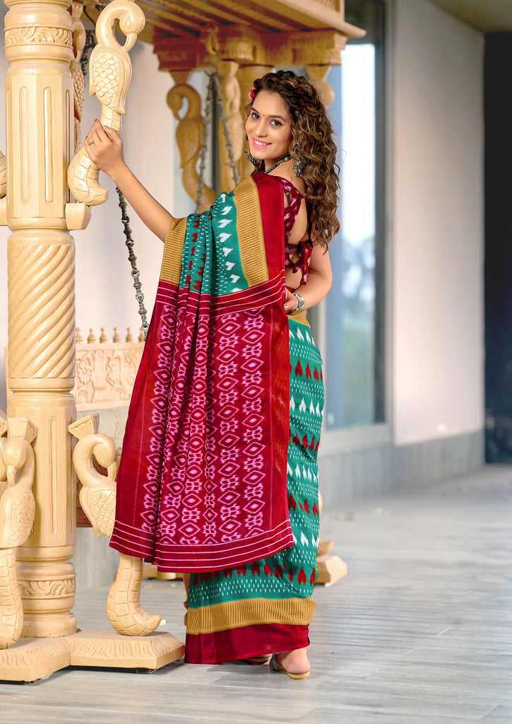 MADHUBALA PURE MULMUL COTTON IKKAT HAND BLOCK PRINT TEAL BLUE SAREE