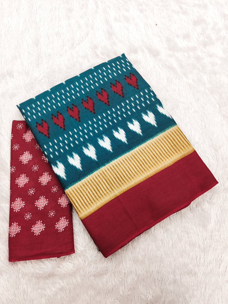 MADHUBALA PURE MULMUL COTTON IKKAT HAND BLOCK PRINT TEAL BLUE SAREE