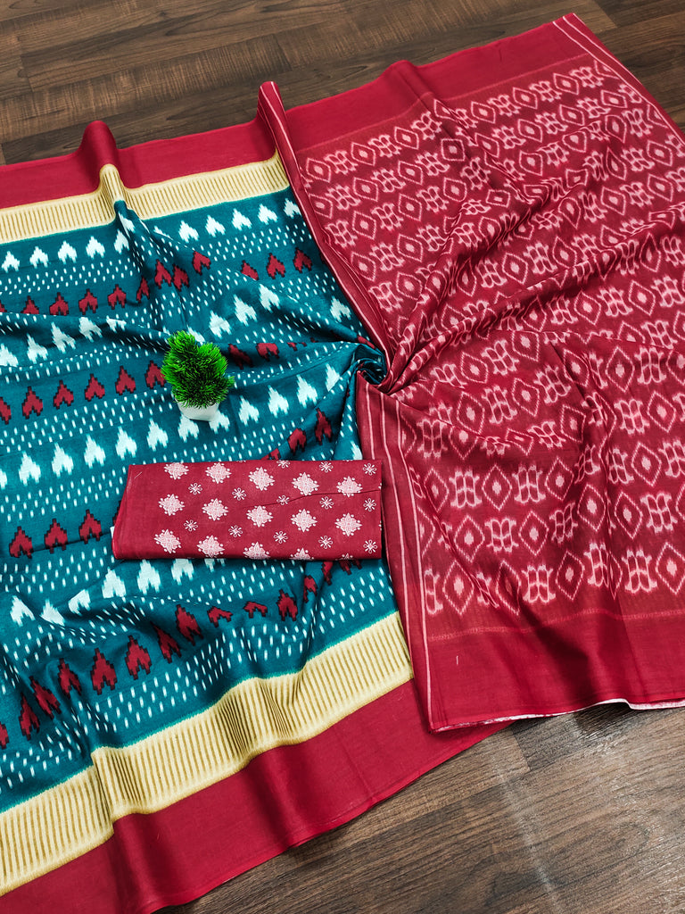 MADHUBALA PURE MULMUL COTTON IKKAT HAND BLOCK PRINT TEAL BLUE SAREE