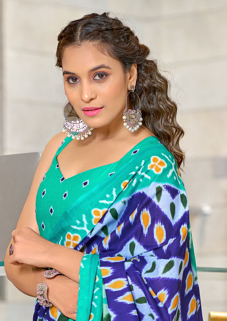 MAHARANI PURE MULMUL COTTON IKKAT PRINTD GREEN AND BLUE SAREE