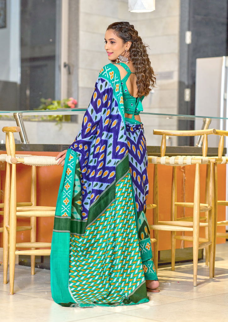 MAHARANI PURE MULMUL COTTON IKKAT PRINTD GREEN AND BLUE SAREE