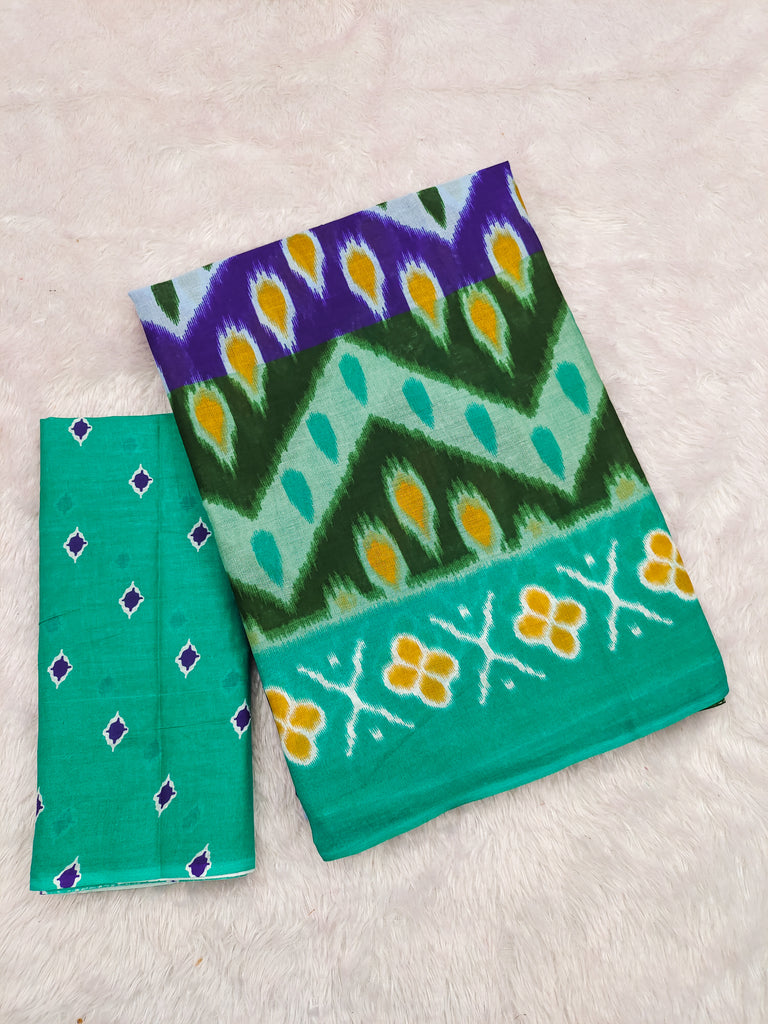 MAHARANI PURE MULMUL COTTON IKKAT PRINTD GREEN AND BLUE SAREE