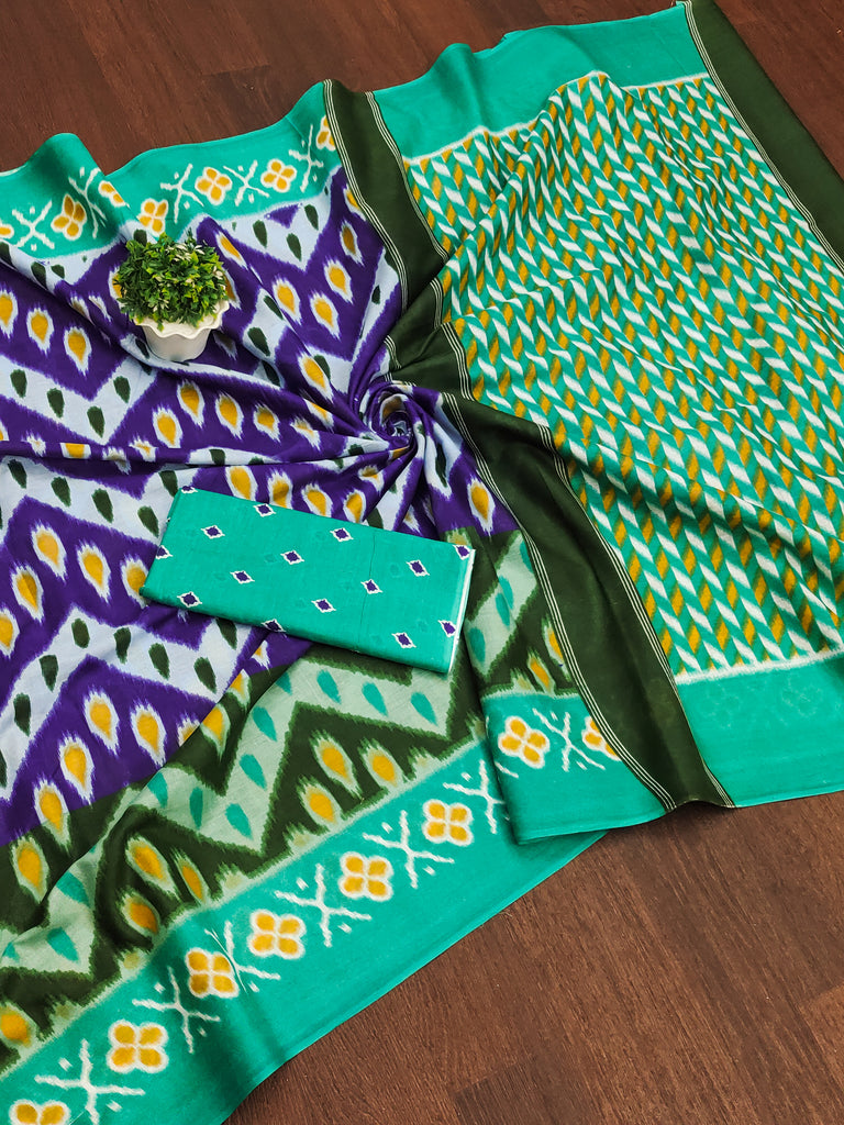 MAHARANI PURE MULMUL COTTON IKKAT PRINTD GREEN AND BLUE SAREE