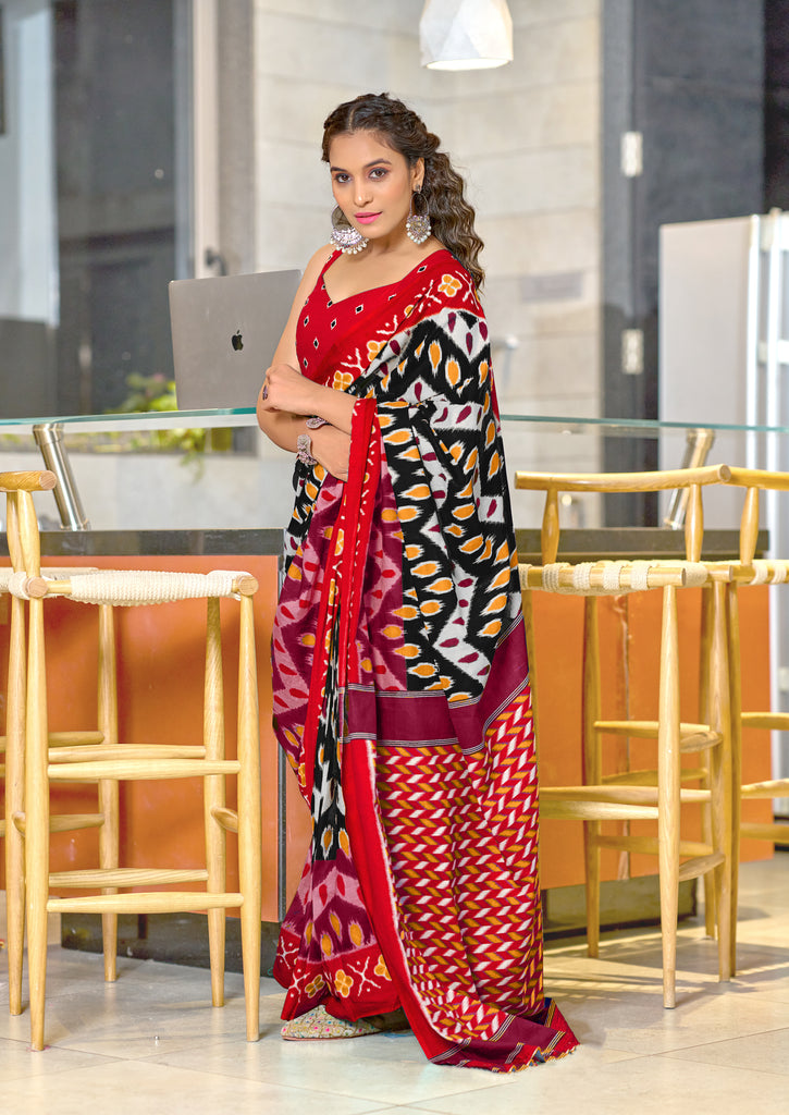 MAHARANI PURE MULMUL COTTON IKKAT PRINTD RED AND BLACK SAREE