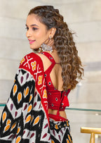 MAHARANI PURE MULMUL COTTON IKKAT PRINTD RED AND BLACK SAREE