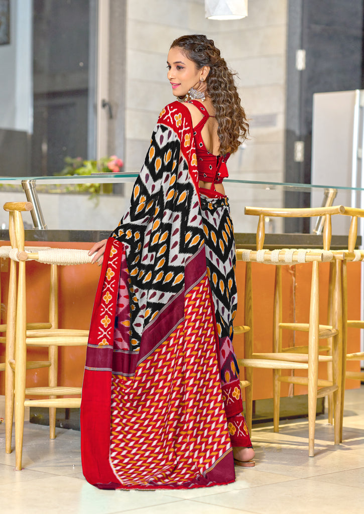 MAHARANI PURE MULMUL COTTON IKKAT PRINTD RED AND BLACK SAREE