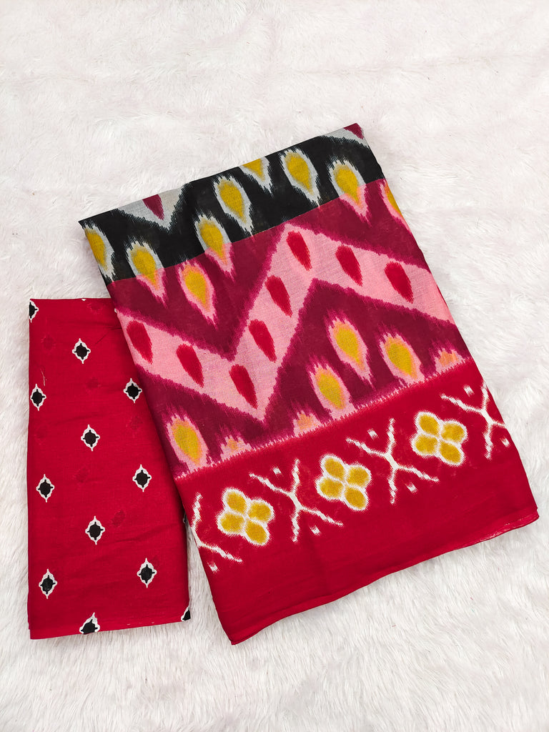 MAHARANI PURE MULMUL COTTON IKKAT PRINTD RED AND BLACK SAREE