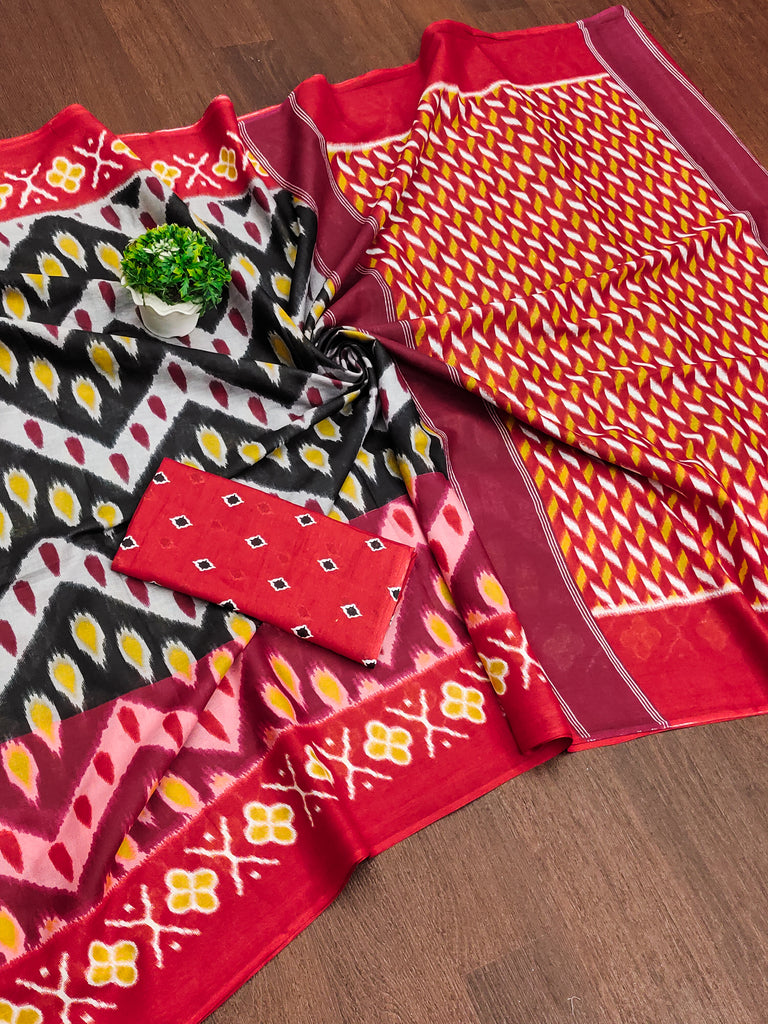 MAHARANI PURE MULMUL COTTON IKKAT PRINTD RED AND BLACK SAREE