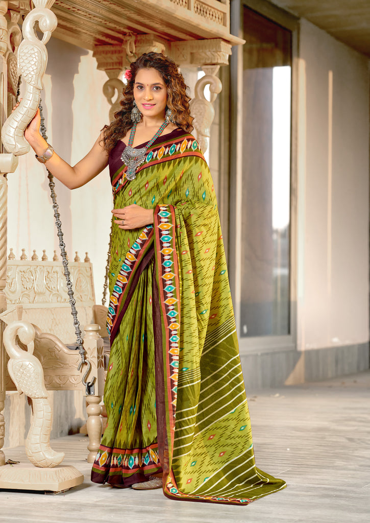 MALAVIKA PURE MULMUL COTTON IKKAT PRINTD GREEN SAREE