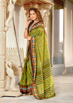 MALAVIKA PURE MULMUL COTTON IKKAT PRINTD GREEN SAREE