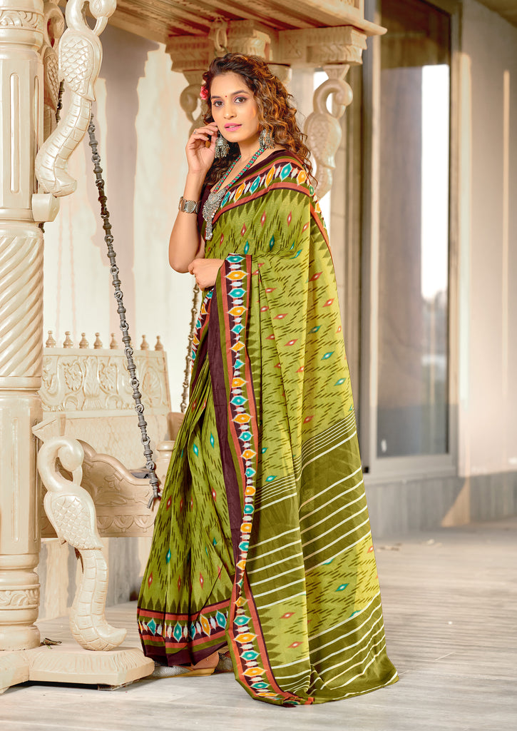 MALAVIKA PURE MULMUL COTTON IKKAT PRINTD GREEN SAREE