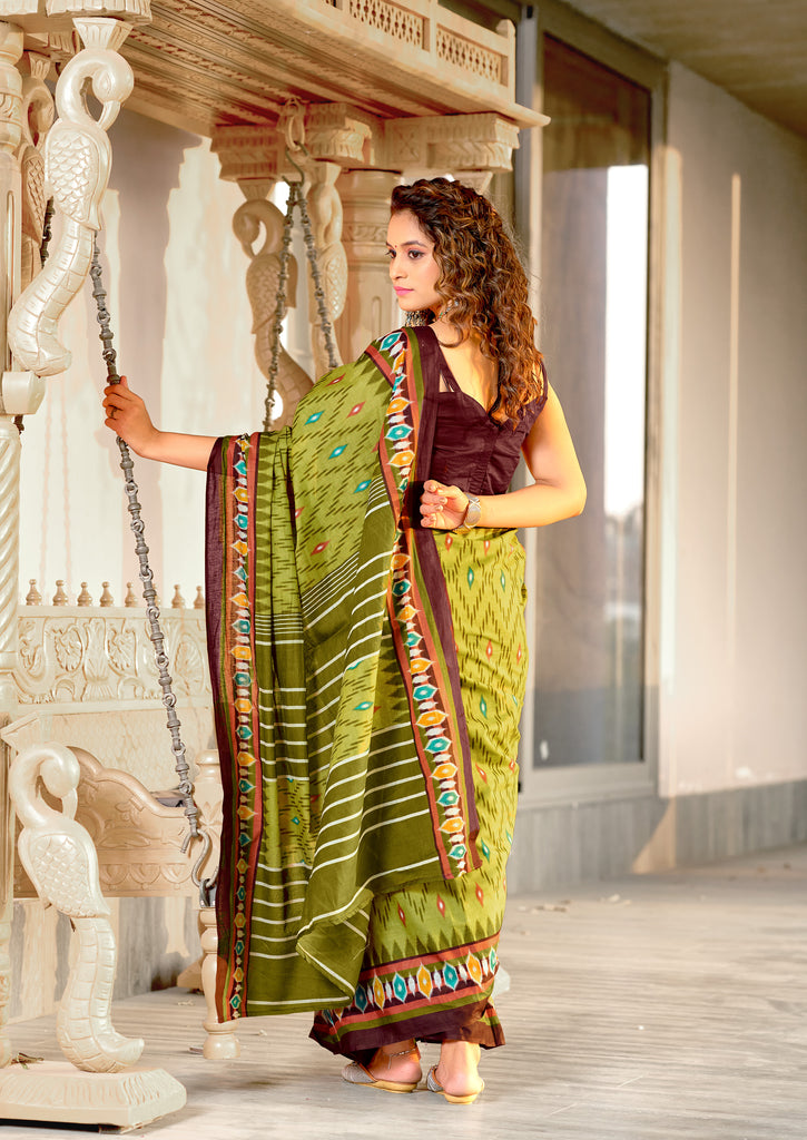 MALAVIKA PURE MULMUL COTTON IKKAT PRINTD GREEN SAREE