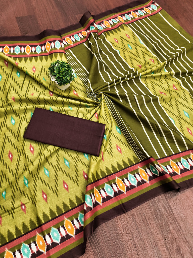 MALAVIKA PURE MULMUL COTTON IKKAT PRINTD GREEN SAREE