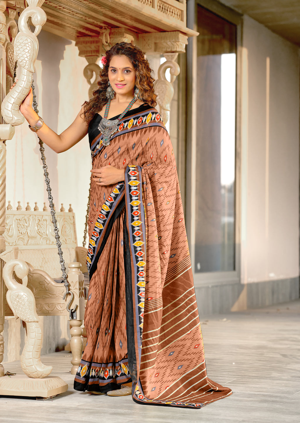 MALAVIKA PURE MULMUL COTTON IKKAT PRINTD LIGHT BROWN SAREE