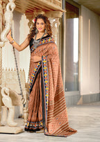 MALAVIKA PURE MULMUL COTTON IKKAT PRINTD LIGHT BROWN SAREE