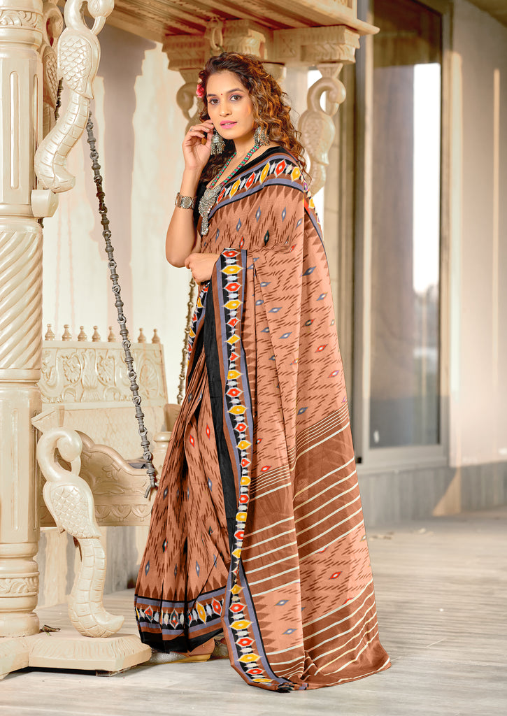 MALAVIKA PURE MULMUL COTTON IKKAT PRINTD LIGHT BROWN SAREE