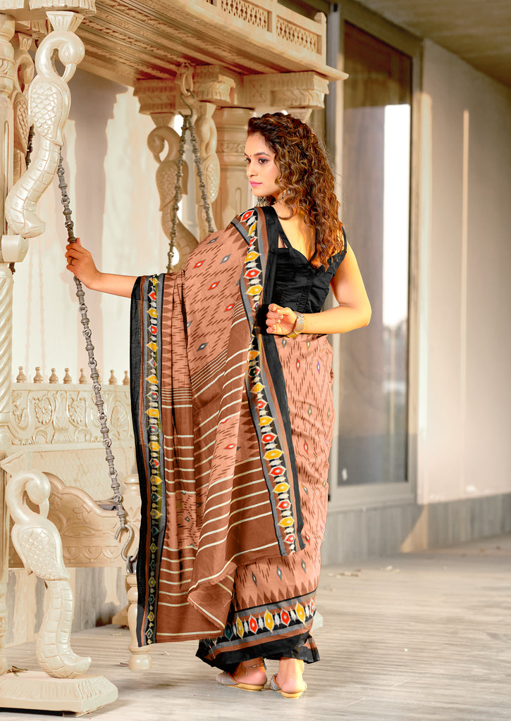 MALAVIKA PURE MULMUL COTTON IKKAT PRINTD LIGHT BROWN SAREE
