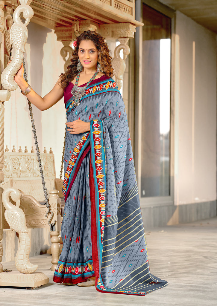 MALAVIKA PURE MULMUL COTTON IKKAT PRINTD LIGHT GREY SAREE