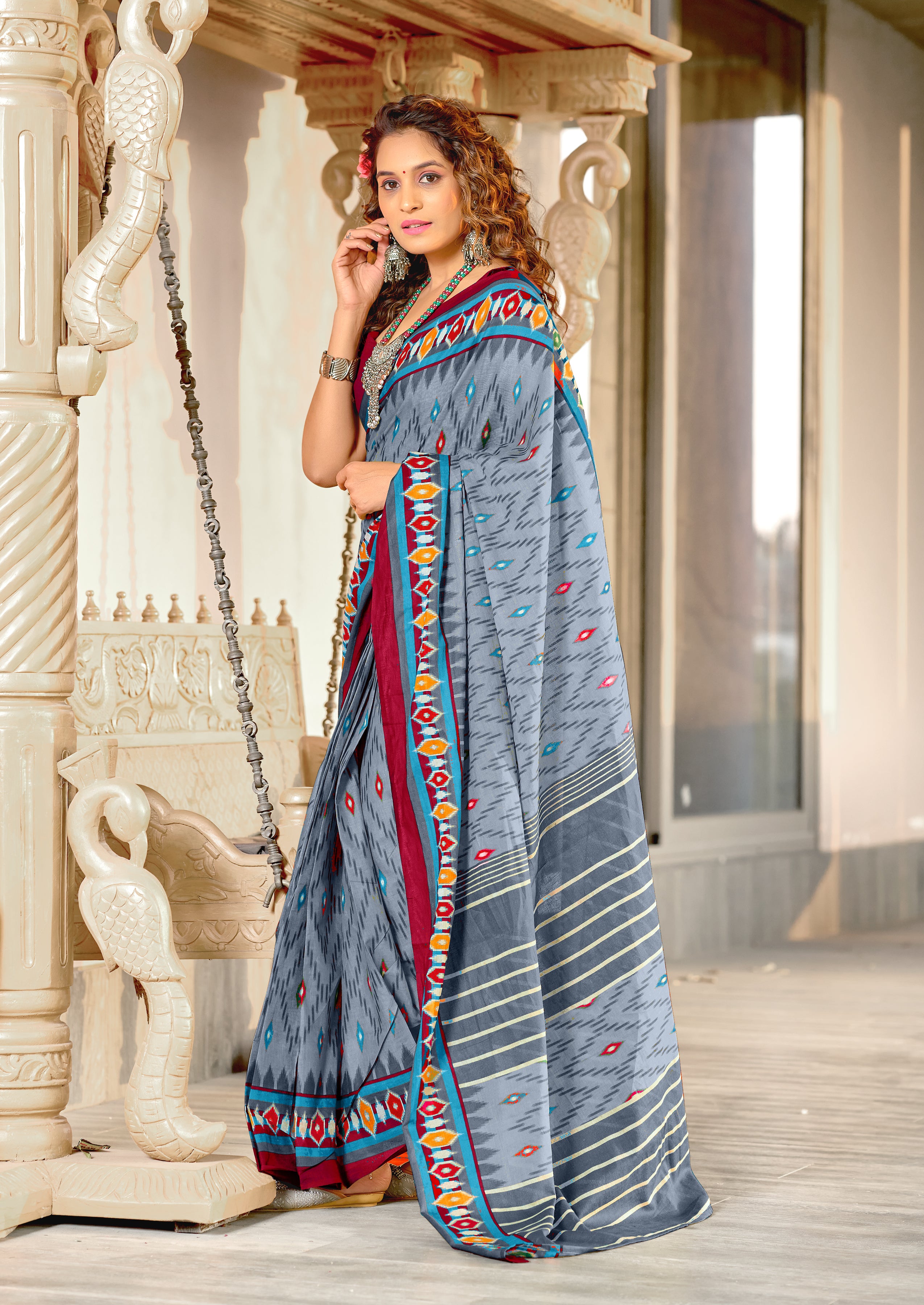 MALAVIKA PURE MULMUL COTTON IKKAT PRINTD LIGHT GREY SAREE