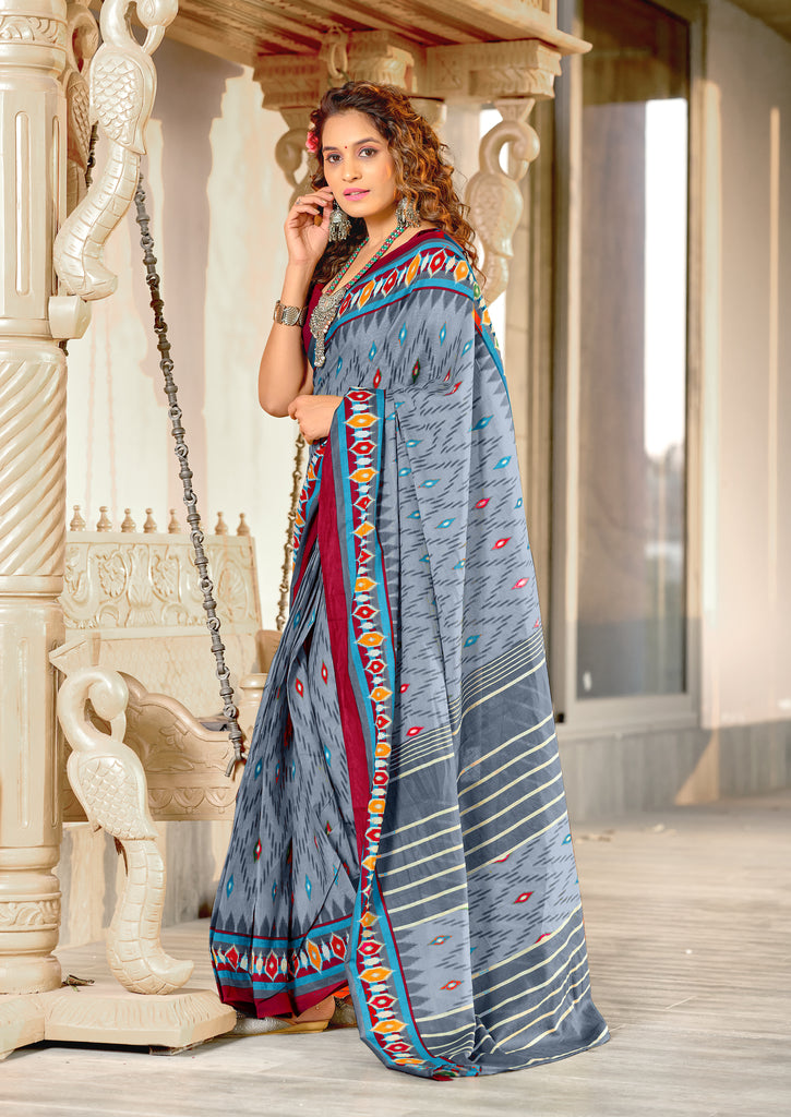 MALAVIKA PURE MULMUL COTTON IKKAT PRINTD LIGHT GREY SAREE