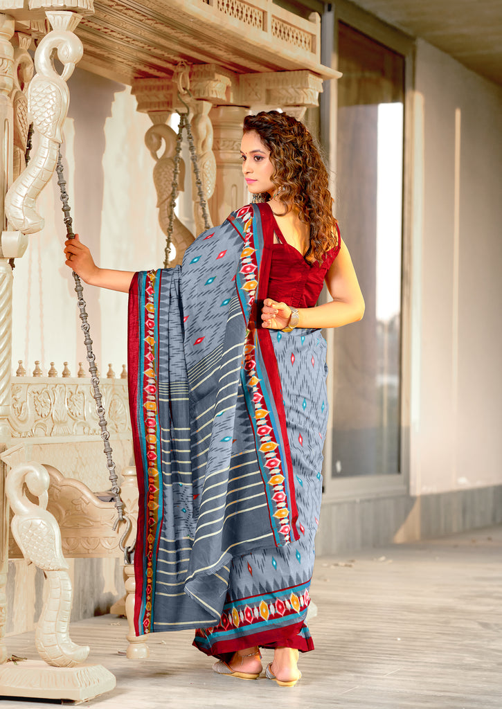 MALAVIKA PURE MULMUL COTTON IKKAT PRINTD LIGHT GREY SAREE
