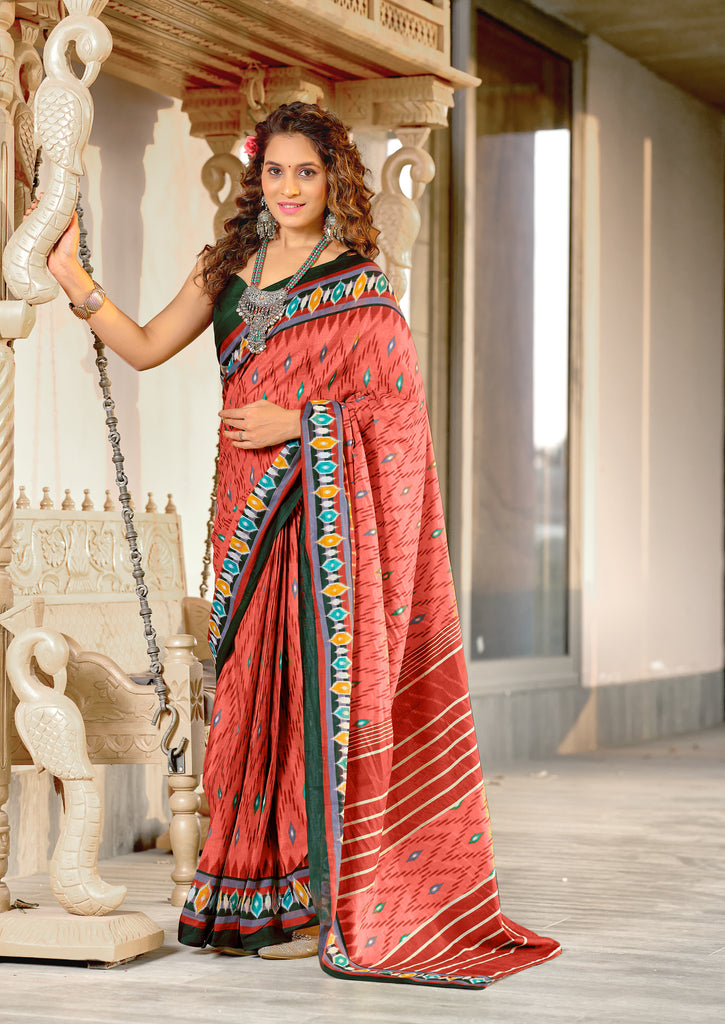 MALAVIKA PURE MULMUL COTTON IKKAT PRINTD PEACH SAREE