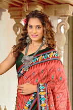 MALAVIKA PURE MULMUL COTTON IKKAT PRINTD PEACH SAREE