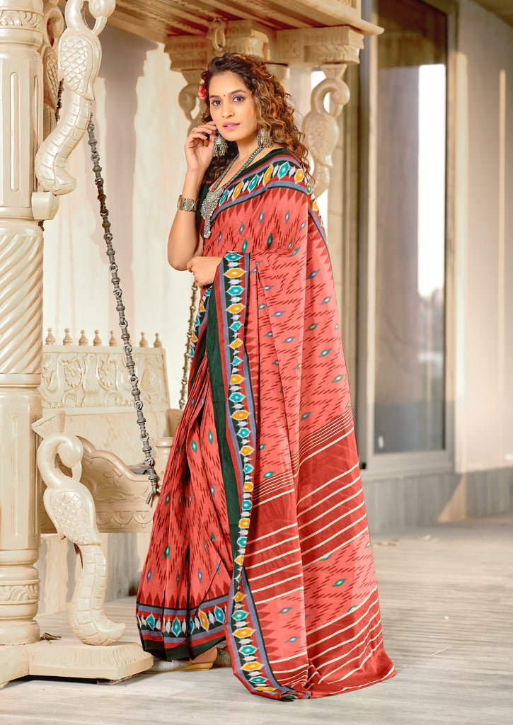 MALAVIKA PURE MULMUL COTTON IKKAT PRINTD PEACH SAREE