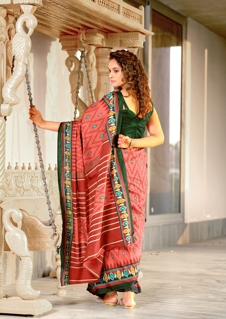 MALAVIKA PURE MULMUL COTTON IKKAT PRINTD PEACH SAREE