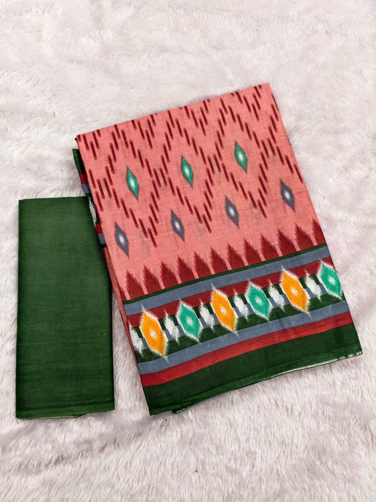 MALAVIKA PURE MULMUL COTTON IKKAT PRINTD PEACH SAREE