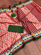 MALAVIKA PURE MULMUL COTTON IKKAT PRINTD PEACH SAREE