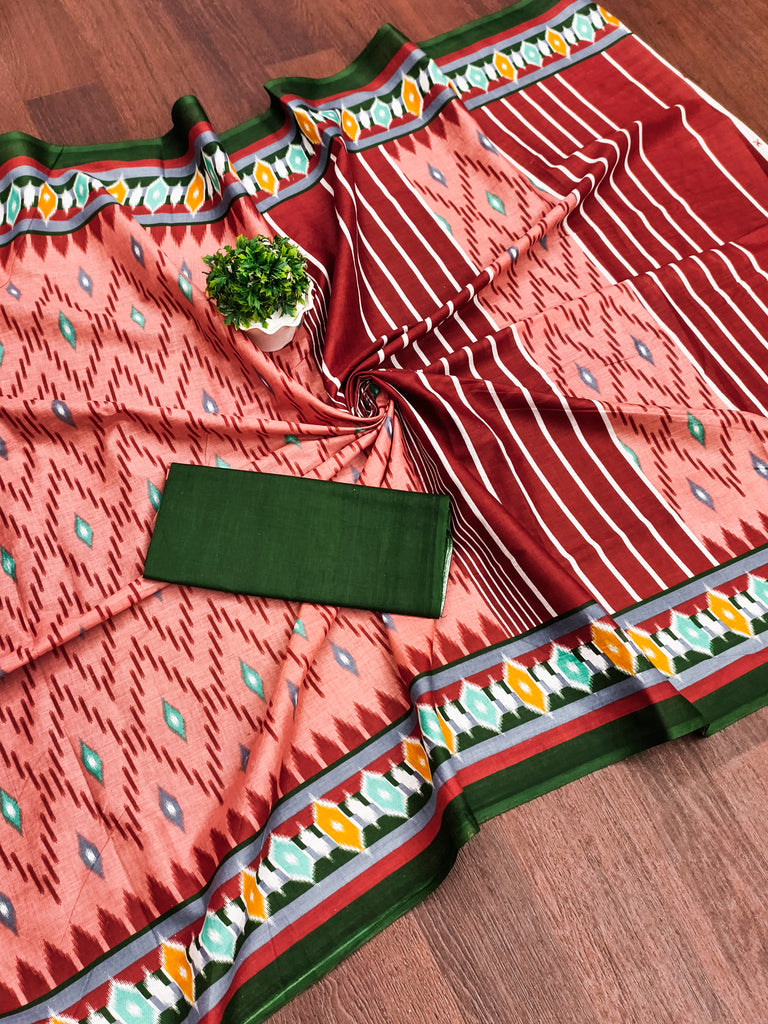 MALAVIKA PURE MULMUL COTTON IKKAT PRINTD PEACH SAREE