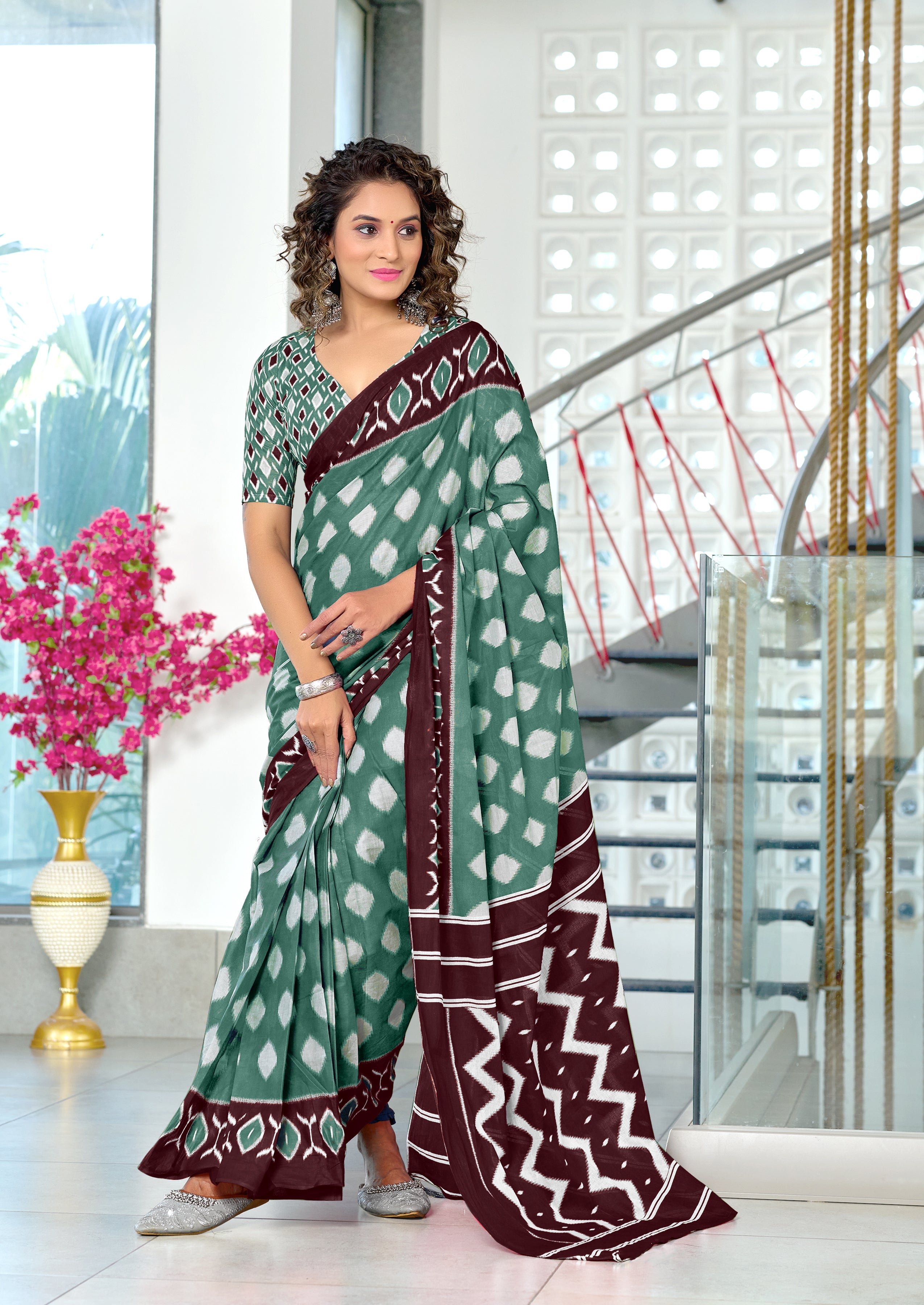 MALHARI IKKAT HAND PRINT MULMUL COTTON GREEN SAREE