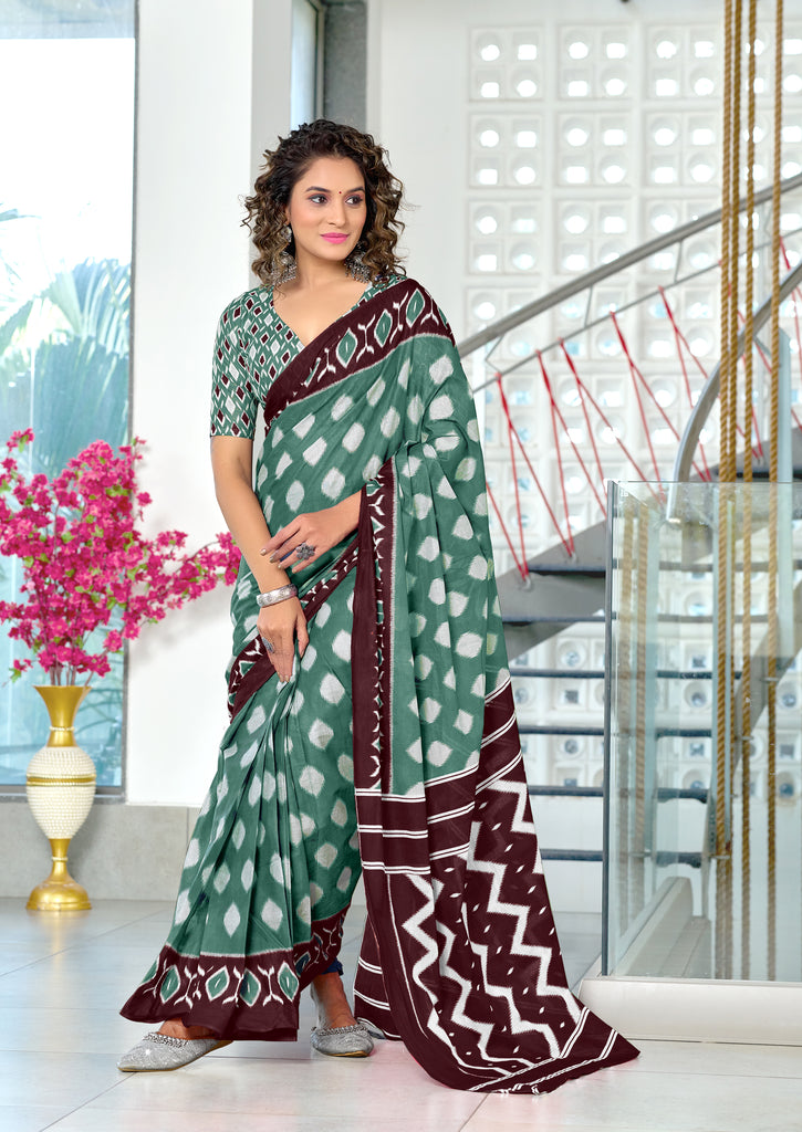 MALHARI IKKAT HAND PRINT MULMUL COTTON GREEN SAREE
