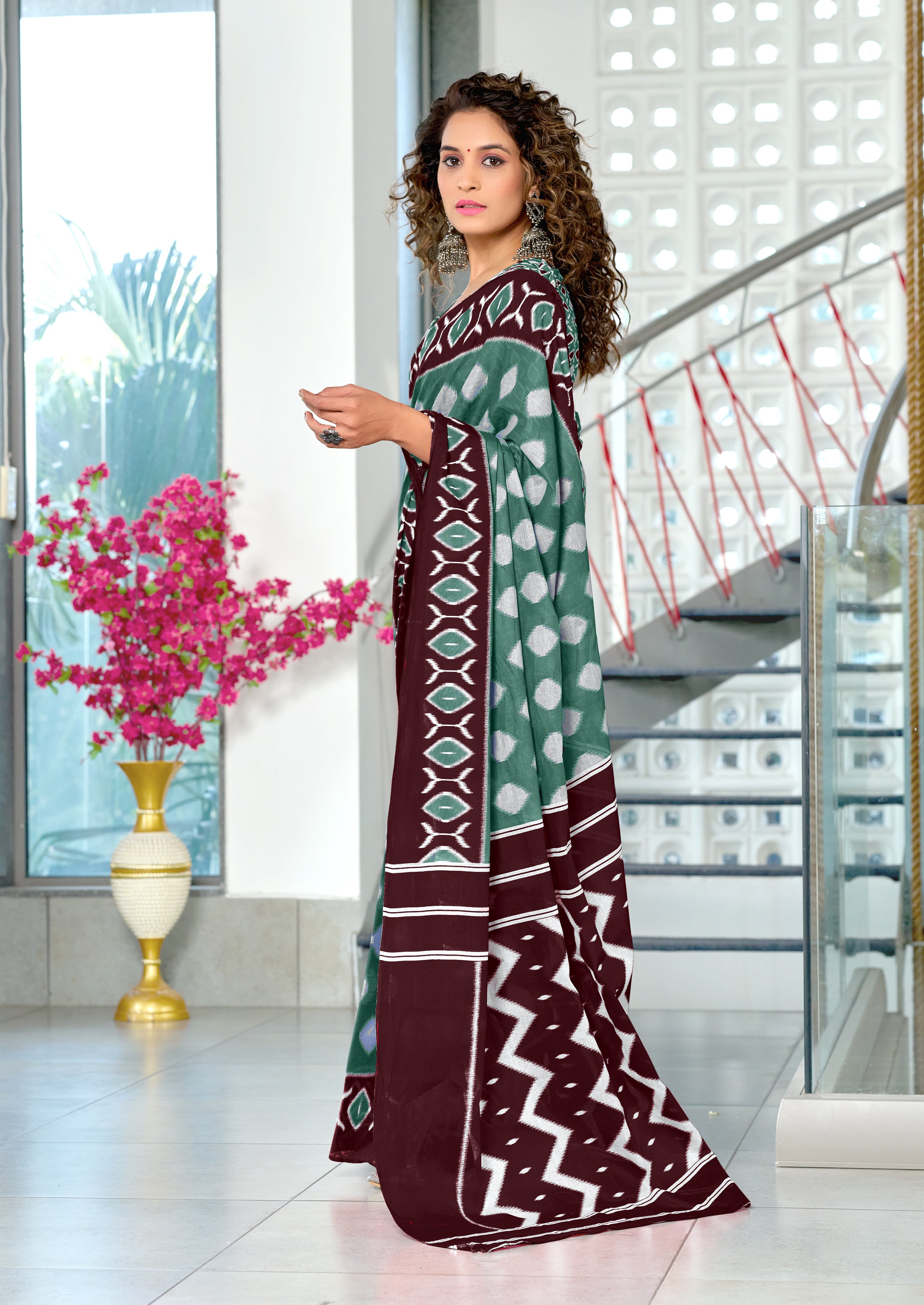 MALHARI IKKAT HAND PRINT MULMUL COTTON GREEN SAREE