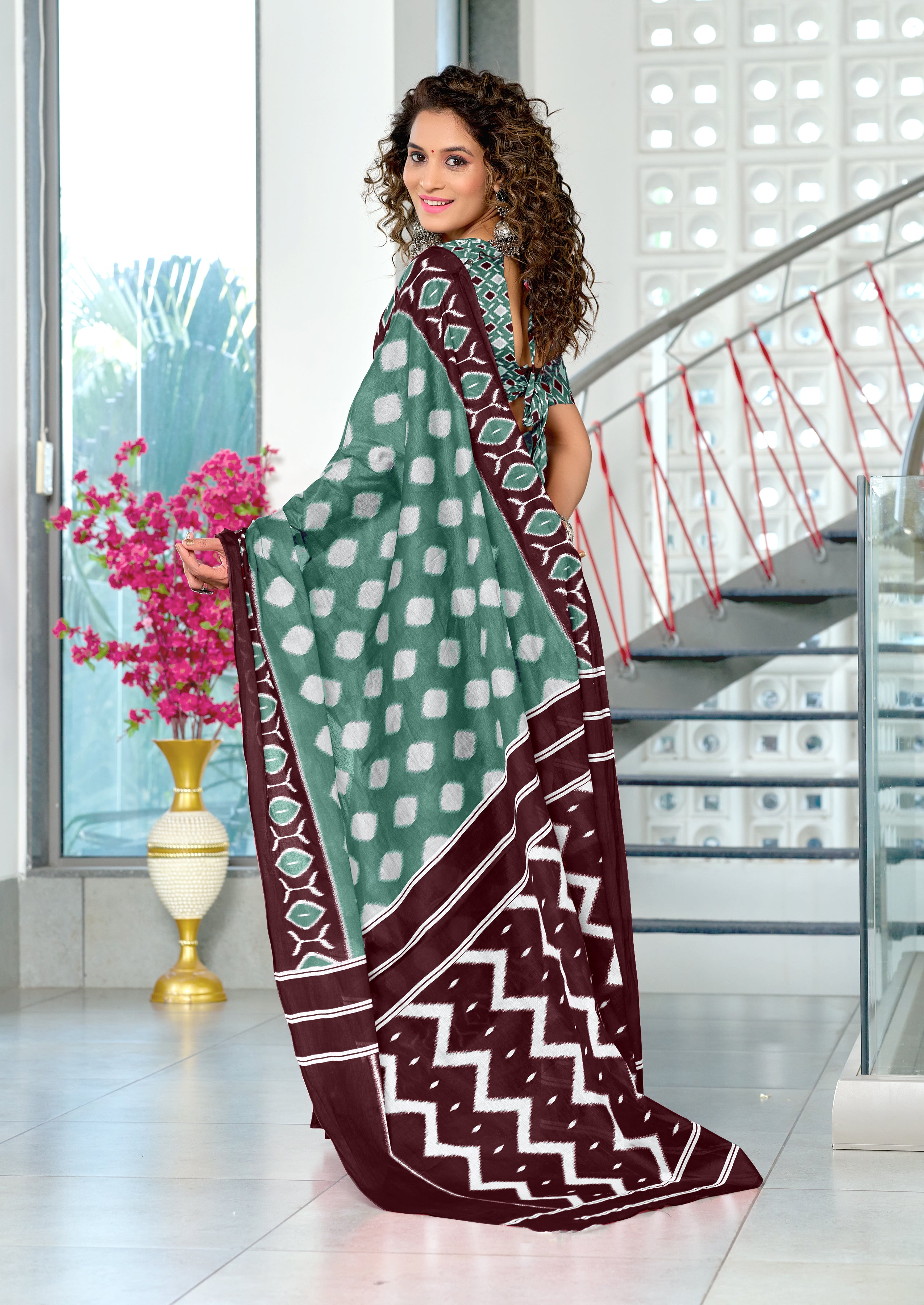 MALHARI IKKAT HAND PRINT MULMUL COTTON GREEN SAREE