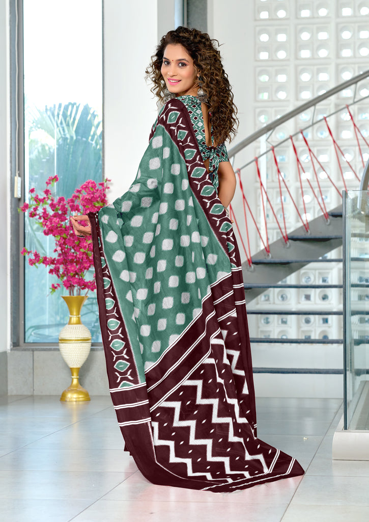 MALHARI IKKAT HAND PRINT MULMUL COTTON GREEN SAREE