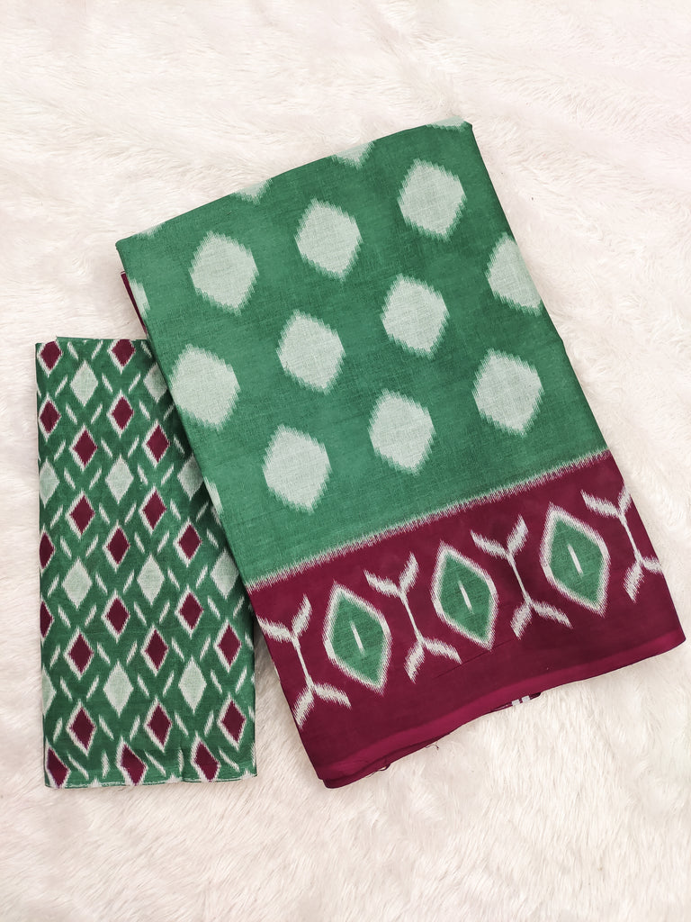 MALHARI IKKAT HAND PRINT MULMUL COTTON GREEN SAREE