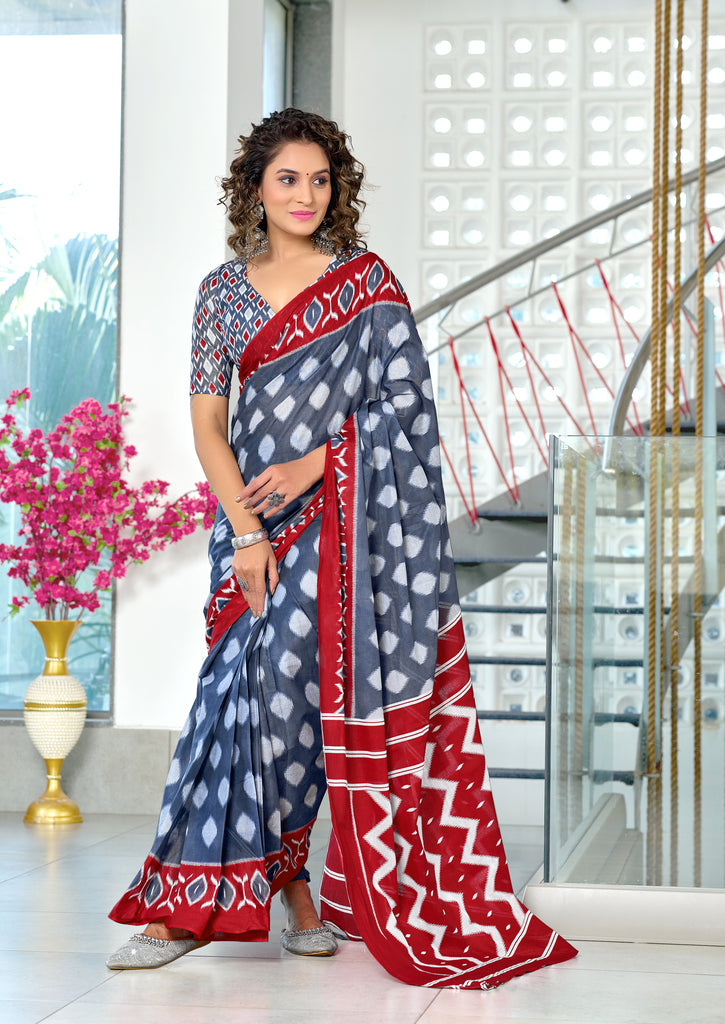 MALHARI IKKAT HAND PRINT MULMUL COTTON GREY SAREE