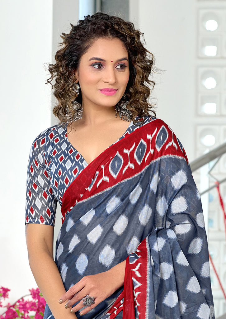 MALHARI IKKAT HAND PRINT MULMUL COTTON GREY SAREE