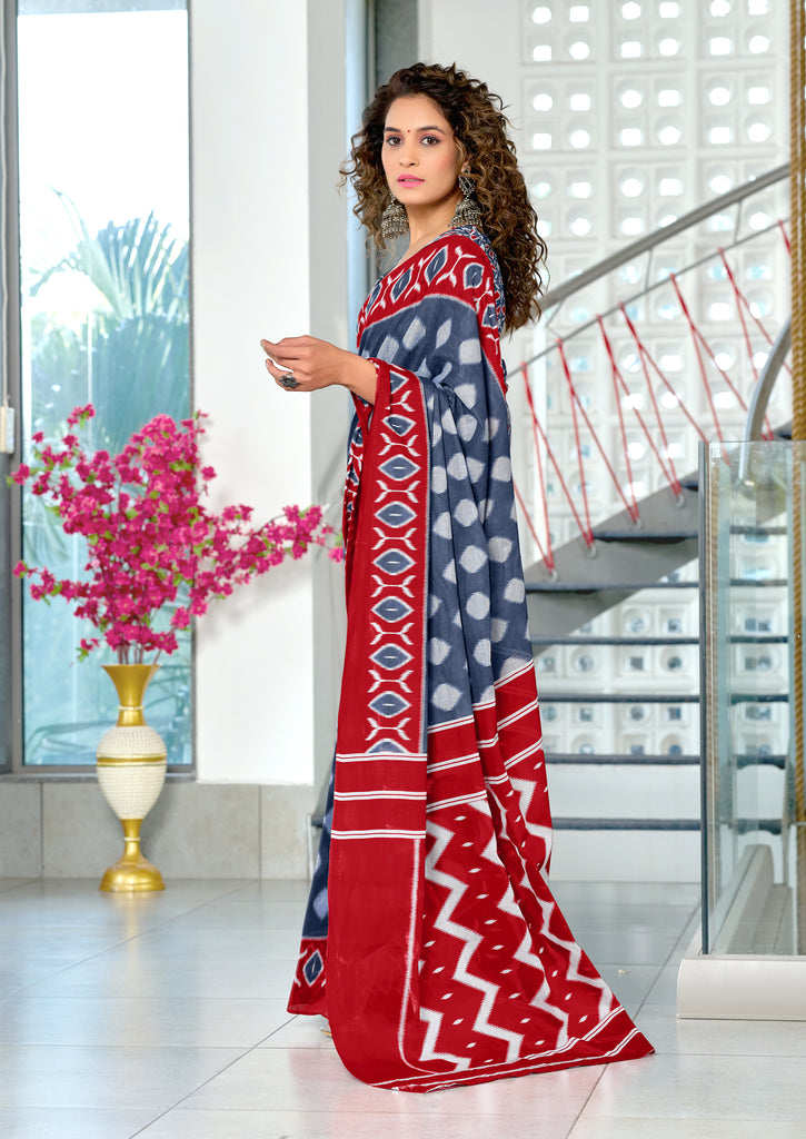MALHARI IKKAT HAND PRINT MULMUL COTTON GREY SAREE