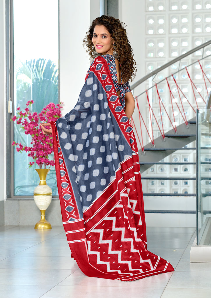 MALHARI IKKAT HAND PRINT MULMUL COTTON GREY SAREE