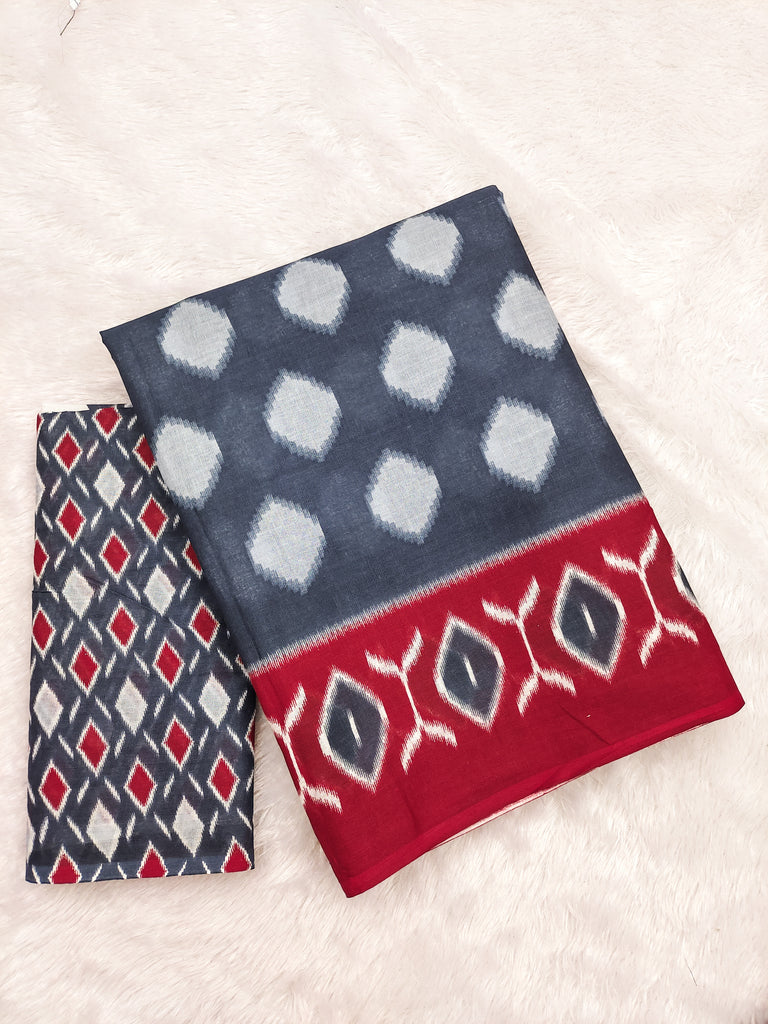 MALHARI IKKAT HAND PRINT MULMUL COTTON GREY SAREE